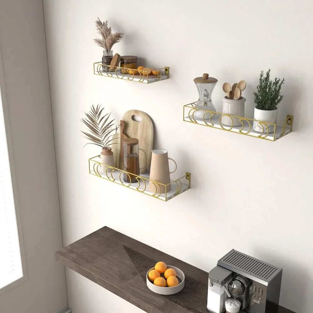 3 PC Set of Wall Shelves Gold Moon Phases Metal with White Shelves - NIB NEW $94